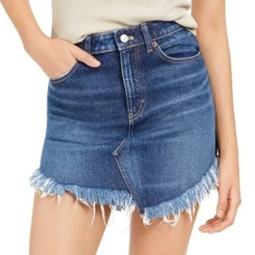 Free People Bailey Denim Fringe High Waist Mini Skirt Dark Blue 29 - Picture 1 of 9